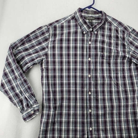 EDDIE BAUER Shirt Men's L/S Casual Button Up Collared Plaid Purple Gray Large - Picture 4 of 12